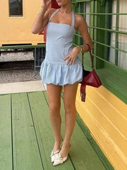 Stripe Halter Smocked Puff Hem Mini Dress