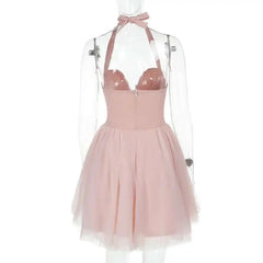 Pink Halter Tie Up Tulle Mini Dress