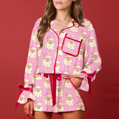 Christmas Long Sleeve Santa Claus Print Top with Elastic Waist Shorts Pajamas Set