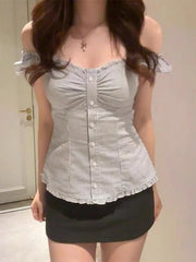Ruffle Hem Short Sleeve Button Up Top