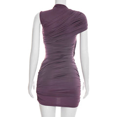 One Shoulder Round Neck Ruched Mini Dress