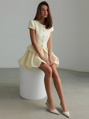 Tweed Puffy Sleeve Shirt And Bubble Skirt Set