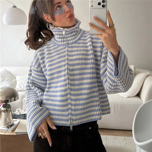 Striped Knit High Neck Zipper Cardigan