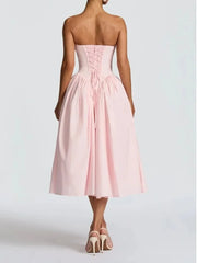 Strapless Lace Up Flare Pleated Midi Dress
