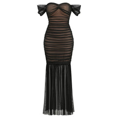Black Mesh Off-shoulder Pleated Long Dress