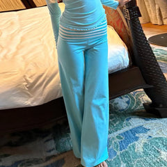 Stripe Fold Over Lounge Wide Leg Pants