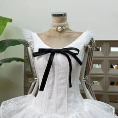 Bow Tie Mini Ponpon Fishbone Dress