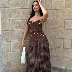 Polka Dot Patchwork Print Halter Maxi Dress