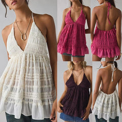 Lace-up Halter Deep V-Neck Smocked Top