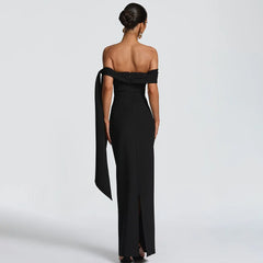 Slash Neck Off-Shoulder Ribbon Split Maxi Dress