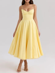 Yellow Satin Tulle Bustier Maxi Dress