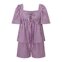 Purple Striped Print Short Sleeve Front Tied Tops And Shorts Set