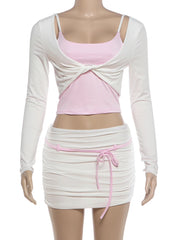 Two Tone Ruched Long Sleeve Crop Top And Bodycon Mini Skirt Set