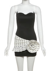 Satin 3D Rose Sleeveless Patchwork Polka Dot Mini Dress