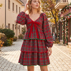 Red Plaid Tiered Long Puff Sleeve Smocked Mini Dress