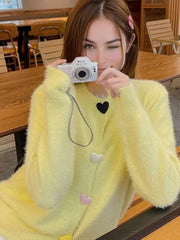 Heart Shaped Button Fuzzy Knit Cardigan