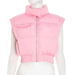Pink puffer vest on a mannequin