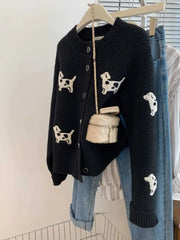 Blue Puppy Round Neck Knit Long Sleeve Cardigan