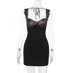Black Lace Patchwork Strap Open Back Mini Dress