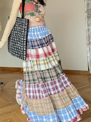 Plaid Patchwork Ruffles Maxi Skirt - Bohemian A-Line