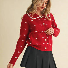 Heart Print Doll Collared Knitted Cardigan
