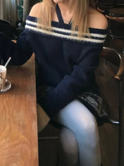 Off-Shoulder Sweater Strap Top And Knit Fuzzyh Mini Skirt