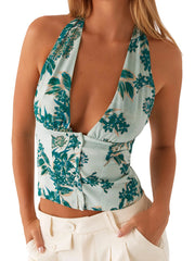Printed Tie-up Halter Deep V-Neck Crop Top