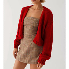 Knitted Short Lantern Sleeve Open Front Cardigan