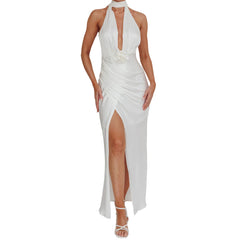 Satin Long Halter 3D Flower Split Long Dress