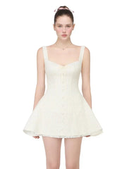 White Floral Printed Back Lace Up A-line Mini Dress