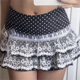 Piano Pleated Polka Dot Lace Patchwork Mini Skirt