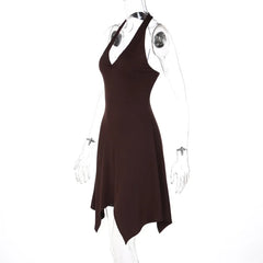 Halter V‑Neck Twist Backless Irregular Hem Mini Dress