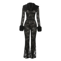 Lace Sheer Fur Collar Long Sleeve Top And Flare Pant Set