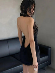 Black Furry Halter Mini Dress