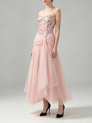 Floral Sequin Corset Waist Draped Midi Dress