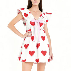 Heart Print Bow Short Sleeve Mini Dress