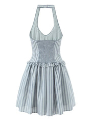 Grey Striped Halter Neck Patchwork Bow Mini Dress