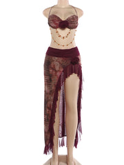 Printed Pearl Chain Bandau Top And High Split Maxi Skirt Beachwear Set