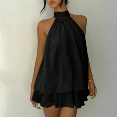 Halter Neck Open Back Ruffle Waist Mini Dress