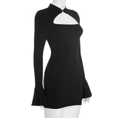 Long Flare Sleeve Mini Hollow Out Neck Dress