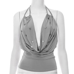 Grey Buttoned Beaded Cowl Deep Neck Tie Up Backless Top