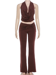 Brown Rhinestone Cowl Neck Top And Wide Leg Pants Set