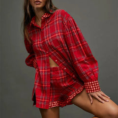 Plaid Print Button Down Lapel Long Sleeve Tops with Ruffled Shorts Set