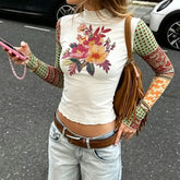 Floral Print Patchwork Ruffle High Neck Top