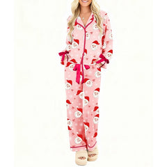 Christmas Bow Tie Ruffle Long Sleeve Shirt with Pants Pj Set