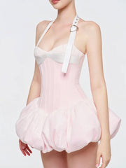 Pink Halter Neck Belted Strap Puff Hem Corset Mini Dress