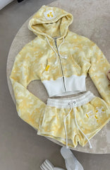 Camouflage Zipper Crop Hoodie, Tube Top, And Shorts, Sweatpants Set