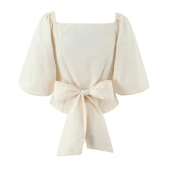 White Quarter Puff Sleeve Back Bow Top