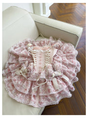 Pink Lace Up Strapless Bow Pearl Desgin Tiered Mini Dress