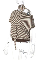 Brown Striped One Shoulder Scarf Sleeve Top
